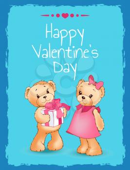 Happy Valentines day poster with two bears male teddy going to present gift box decorated by holiday bow to female soft toy, vector isolated on blue
