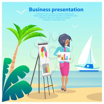 Business presentation, poster with text sample and headline and woman with whiteboard and diagrams, beach and sea, isolated on vector illustration