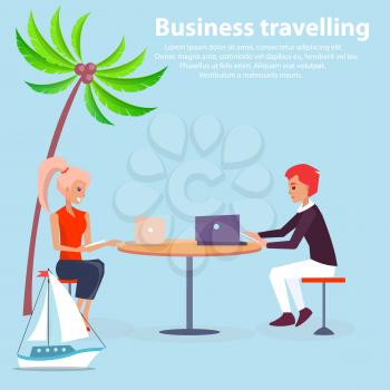 Business traveling poster vector illustration with man and woman sitting at table with laptops, cute ship and palm, text sample isolated on blue field
