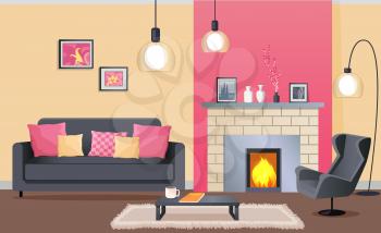 Interior design of living room with brick fireplace, leather armchair, fluffy carpet, metal coffee table and pictures on wall vector illustration.