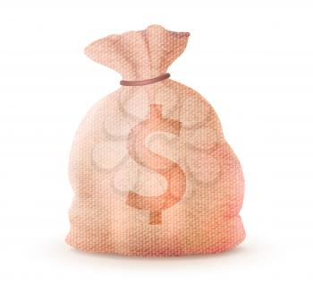 Closed linen sack with dollar sign full of money vector illustration banking bag symbol isolated on white background, greenback profit savings icon