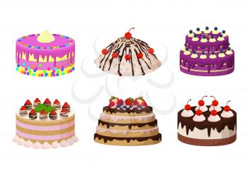 Sweet bakery collection, poster with cakes made of cream and biscuit, berries and chocolate, strawberries and blueberries, isolated on vector illustration