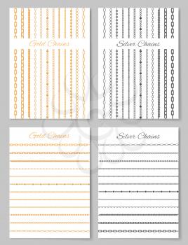 Gold and silver chains, posters collection with lettering and types of jewellery, vertical and horizontal position, isolated on vector illustration