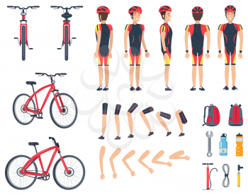 Man in sport clothes and modern bicycle. Character constructor that consists of body parts, big backpack and tools for vehicle vector illustrations.
