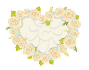 Heart made of white roses icon isolated on white background. Vector illustration with beautiful symbol of love made of white flowers with green leaves