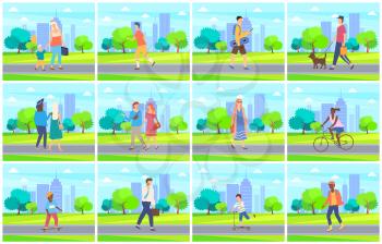 Male and female leisure outdoor, man and woman walking in city park near trees, children activity on skateboard or scooter, weekend in green park, people holiday vector