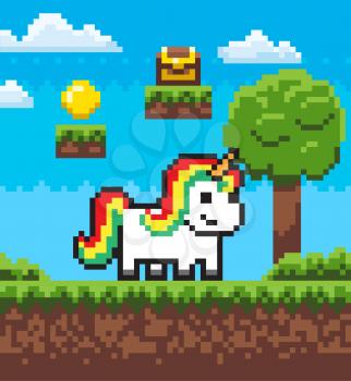 Unicorn standing on grass, award sign coin and box on ground steps, fairytale character outdoor, interface of adventure pixel game with horse vector, pixelated park with animal