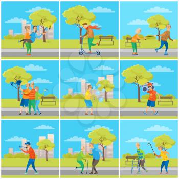 Hipster pensioners vector, man and woman taking selfie with smartphones, modern grandmother and grandfather on scooter, old lady rolling, soap bubbles