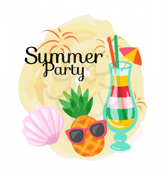 Summer party paper card decorated by pineapple in sunglasses, colorful cocktail in glass, shell in flat style. Summertime postcard with objects of refreshment vector