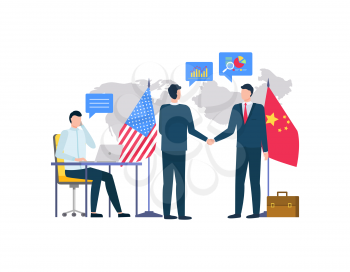 People from us and china representatives vector, men shaking hands, bosses with flags of country. Person sitting by table typing info on laptop flat style. Business betwen USA and China