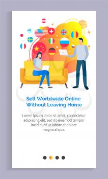 People selling online from home vector, lady sitting on couch using laptop, flags of countries, italy and france germany and switzerland. Website or app slider template, landing page flat style
