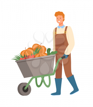 Farmer with cart vector, isolated person pushing trolley filled with pumpkin harvesting season, working male with veggies ripe vegetables flat style