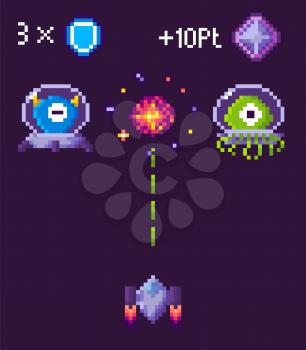 War of ufo and spaceship, ship shooting, screen of video-game, pixelated bomb of monster, 8 bit cosmic object on purple, fly element, pixel game, rocket with laser vector