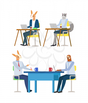 Hipster animals vector, isolated kangaroo and sloth with laptop sitting by table working and discussing subjects. Cat worker on conference flat style