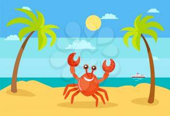 Coastal view, seascape vector summertime holidays vector. Crab character palm tree decoration, sunshine of beach, exotic sea water, ship on ocean water, funny smile crab on beach