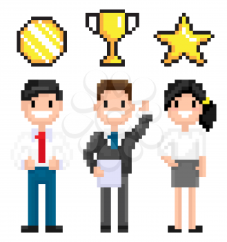 Pixelated characters vector, pixel art game man and woman working in business field, holding award for achievement star and medal certificate 8 bit