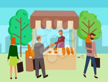 Marketplace with baguette, loaf and pastry products. Baker retail outdoor, cart with bread in park, business sale of bakery food, shopping outdoor vector. Flat cartoon