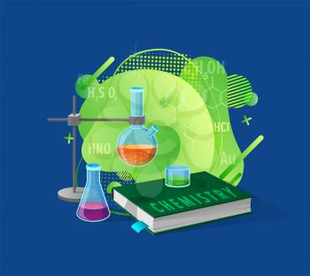Chemistry book and liquid in glass flask, science presentation decorated by molecules and formulas, scientific equipment, biotechnology education vector. Flat cartoon