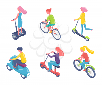 Teenagers using eco transport vector, isolated man and woman riding bikes and scooters wearing helmets. People commuting destination flat style character