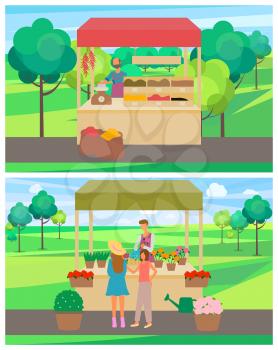 People selling products at summer or spring fair vector, turmeric or paprika powder spices. Flowers and houseplants store with watering can in park. Flat cartoon