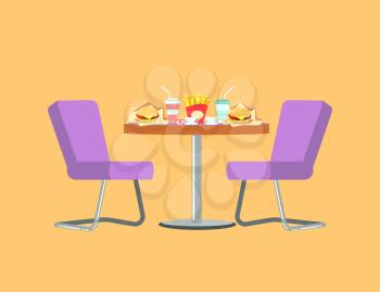 Fast food restaurant vector, table with burger and soda drink in plastic mug. Dinner at bistro, desk with chairs, sandwich French fries fried potatoes. Flat cartoon