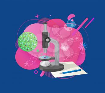 Bright liquid shape decorated by cell, leaf and flower, plant researching, microscope equipment, paper and pencil isolated on blue, biotechnology vector. Flat cartoon