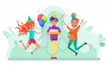 Friends celebrating birthday party vector, woman and man jumping from happiness. Lady holding balloons wearing paper cap, male with cake making wish. Flat cartoon