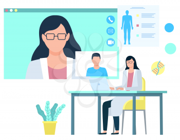 Medical worker in laboratory vector, doctor with patient giving consultation talking online. Telemedicine doc with person having problems with health. Flat cartoon