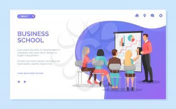 Business school vector, speaker with information for students, women and men sitting listening to male with whiteboard and charts diagrams. Website or webpage template, landing page flat style