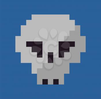 Skull vector, isolated head of dead person icon in flat style, grey bones pixel art graphics of games, pixelated spooky item symbol of danger and horror cartoon