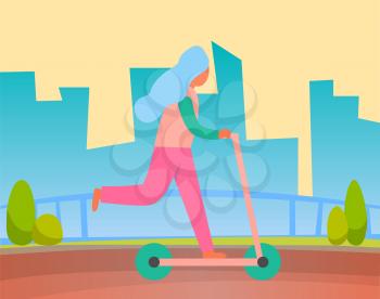 Woman riding on two wheeled open motor vehicle in park, city buildings on background. Vector profile view of girl on scooter, summer recreation activities. Flat cartoon