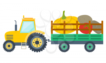 Tractor carrying pumpkin, tomato and potato in trailer. Yellow agricultural vehicle with vegetables, harvesting and farming, vegetarian food, rustic vector. Flat cartoon