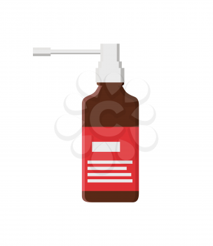 Inhaler in glass bottle closeup. Medication for people having troubles with health. Inhalator in container with label instruction vector illustration