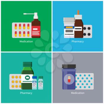 Medication pharmacy posters headlines set. Bottles containing medical items curing sick people. Illness treatment with medicine vector illustration
