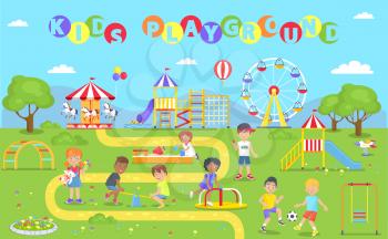 Kids playground park filled with happy children playing games, chatting having fun, footballers and girl holding plush teddy bear vector illustration