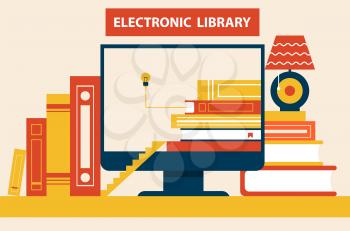 Electronic library abstract path to knowledge colorful vector illustration with set of different books, stairs to good idea through reading literature