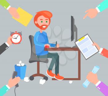 Busy man work at computer and hands give him orders. Stressed office employee charged with paperwork types report cartoon flat vector illustration.