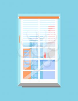 Plastic window with jalousie and skyscrapers view. Office wall that has windowsill, grilled frame, polished glass, cartoon flat vector illustration.