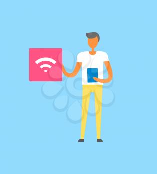 Person male and wifi icon showing signal, allowing people to connect, use traffic of internet, modern devices, man isolated on vector illustration