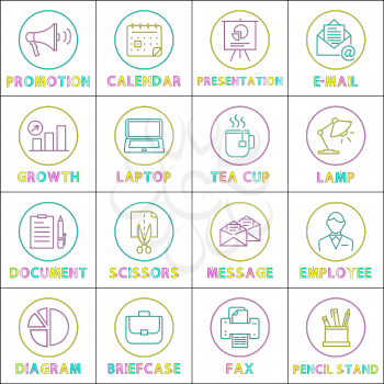 Work and business round linear icons templates. Organizer program elements, outline buttons, isolated cartoon flat vector illustrations collection.