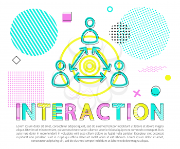 Interaction between people abstract vector banner, illustration with human icons isolated on white background, text sample and geometrical ornament