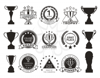 Prize and awards collection, cup trophies silhouettes, rewards for winners, leaders of contest, vector illustration, isolated on white background