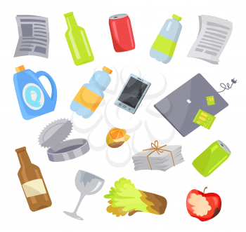 Garbage organic, glass and metal waste items collection, rotten fruits, beverageware with bottles, plastic cell phone, laptop cans vector illustration