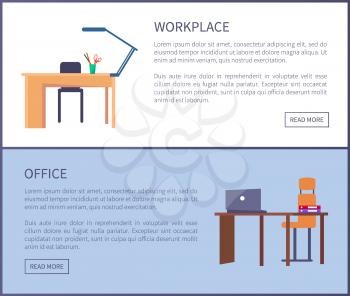 Empty workplace with table, plastic chair, laptop and stationery pens and pencils on desktop vector iillustration isolated web pages set, push buttons