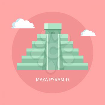 Ancient Maya Pyramid with small temple on top. Historical attraction from Mexico in shape of stairs. Mysterious sight isolated flat vector in circle