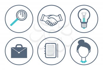 Magnifying glass and handshake isolated circular icons vector. Electric light bulb, notebook and briefcase, page and case with papers, woman profile