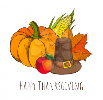 Happy Thanksgiving day, poster with text and old hat vector. Pumpkin fresh vegetable and corn maize, leaves and ripe apple fruit with foliage frondage