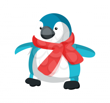 Plastic penguin in red scarf vector illustration of cute artificial bird for kids play isolated on white background. Cool arctic creature flat style