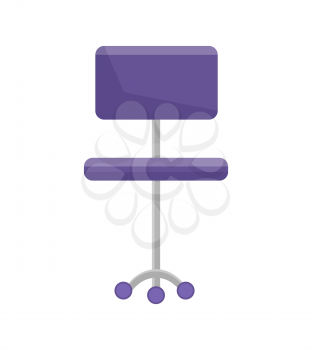 Purple office chair with wheels comfortable to sit on empty seat closeup adjustable stand for boss vector illustration isolated on white background