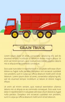 Agricultural machinery icon, cartoon vector banner. Big red grain truck with metallic trailer, isolated new equipment and farming technique poster